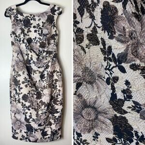 ADRIANNA PAPELL DRESS 4 BROCADE FLORAL SEQUIN BEADED SHEATH MATELASSE COCKTAIL